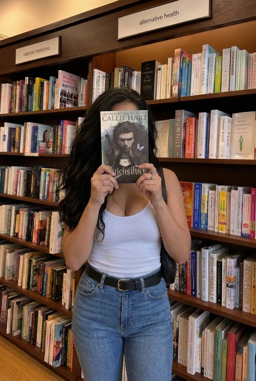 Reader holding Quicksilver by Callie Hart in a cozy bookstore